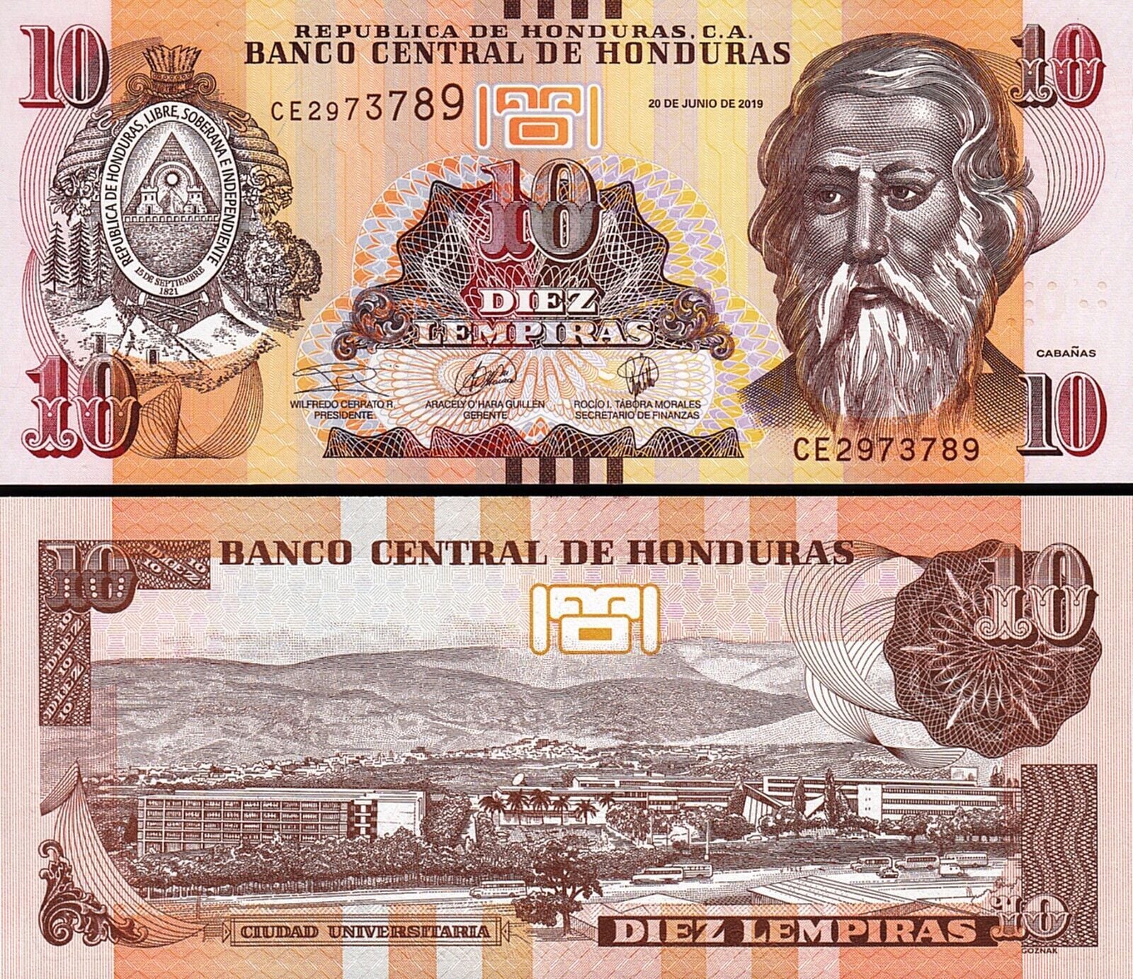 Honduras 10 Lempiras 2019 Çil Pick 99