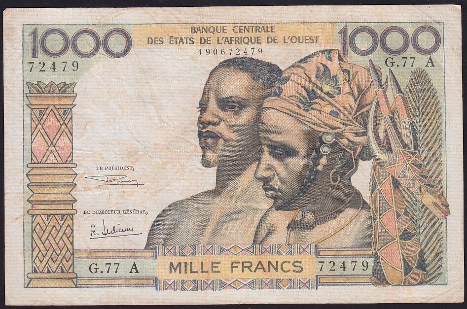 Batı Afrika Devletleri 1000 Frank 1959 Çok Temiz+ ( Fildişi Sahili ) Pick 103A/f