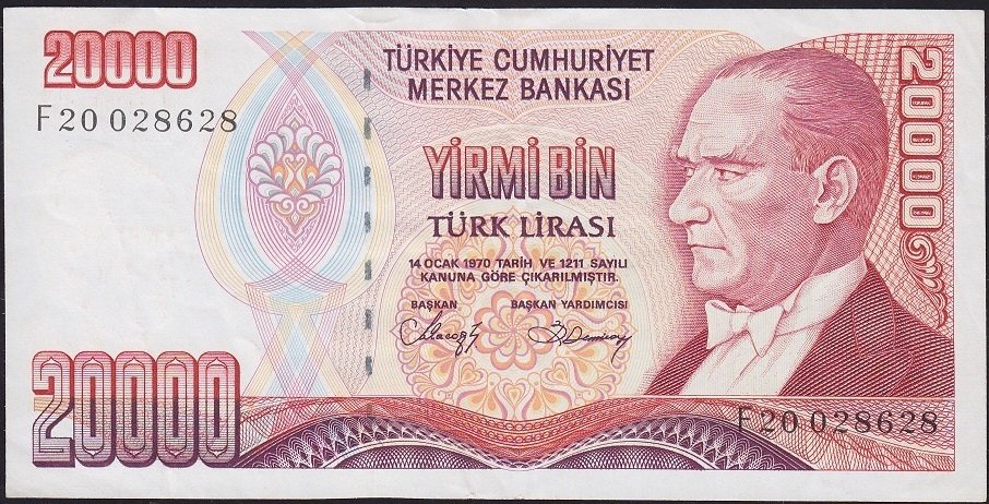 7.Emisyon 1.Tertip 20000 Lira F20 028628 Çok Temiz+