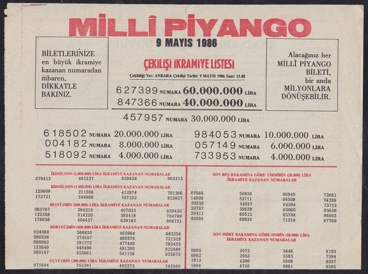 1986 9 MAYIS PİYANGO LİSTESİ