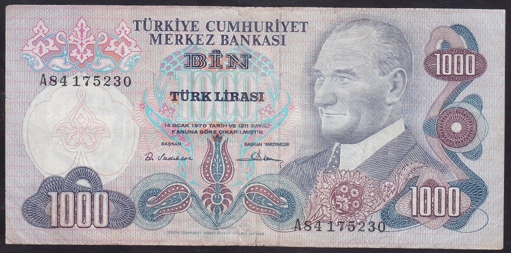 6.EMİSYON 1.TERTİP 1000 LİRA A84 175230 ÇOK TEMİZ eski kağıt para fiyatları
