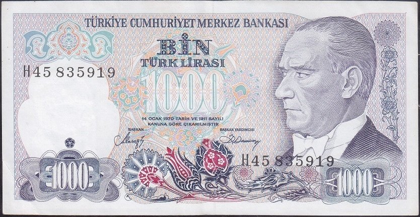 7.Emisyon 2.Tertip 1000 Lira H45 835919 Çok Temiz +