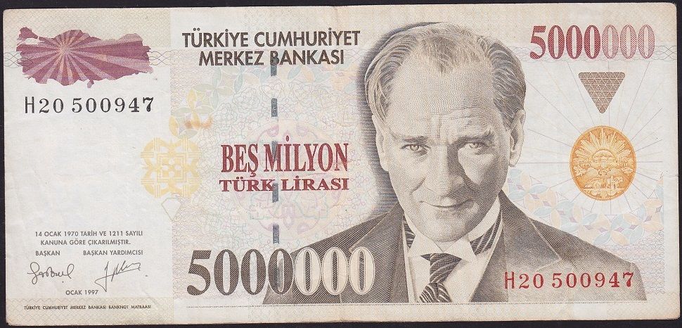 7.Emisyon 5 000 000 Lira H20 500947 Çok Temiz