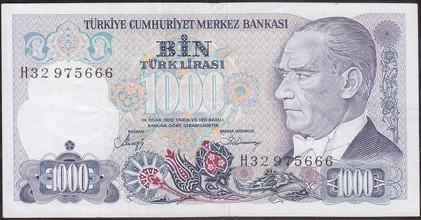 7.Emisyon 2.Tertip 1000 Lira H32 975666 Çok Temiz +
