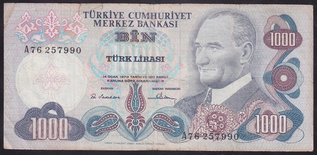 6.EMİSYON 1.TERTİP 1000 LİRA A76 257990 TEMİZ