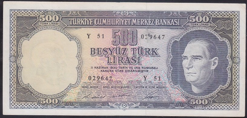 5.EMİSYON 4. TERTİP 500 LİRA Y51 029647 ÇOK TEMİZ ( AÇIKLAMAYI OKUYUNUZ)