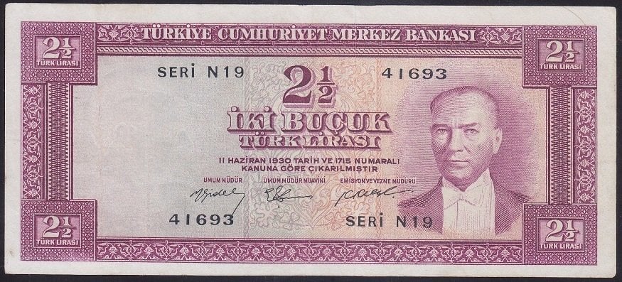 5.EMİSYON 2.TERTİP 2.5 LİRA N19 41693 ÇÇT ( KISMİ DÜZELTME VAR )