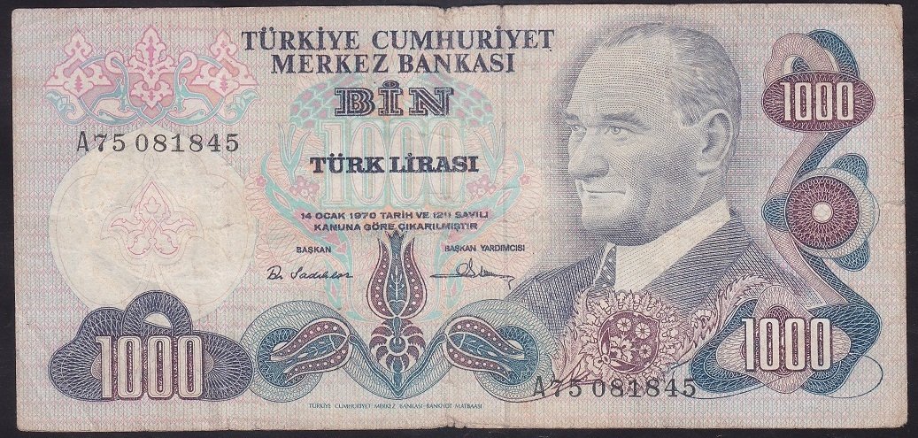 6.EMİSYON 1.TERTİP 1000 LİRA A75 081845 TEMİZ