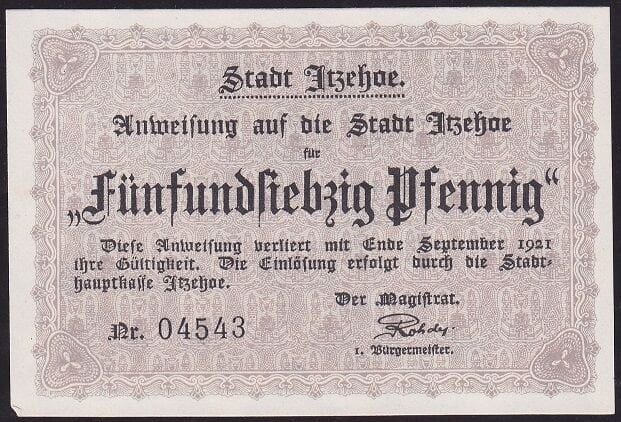 Almanya 75 Pfennig Notgeld 1921 Çil Filigran