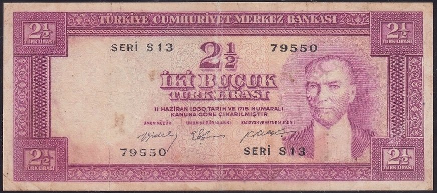 5.EMİSYON 2.TERTİP 2.5 LİRA S13 79550 TEMİZ ( İŞLEMLİ ) eski para değerleri