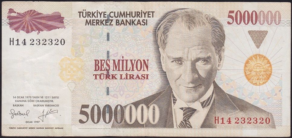 7.Emisyon 5 000 000 Lira H14 232320 Çok Temiz+