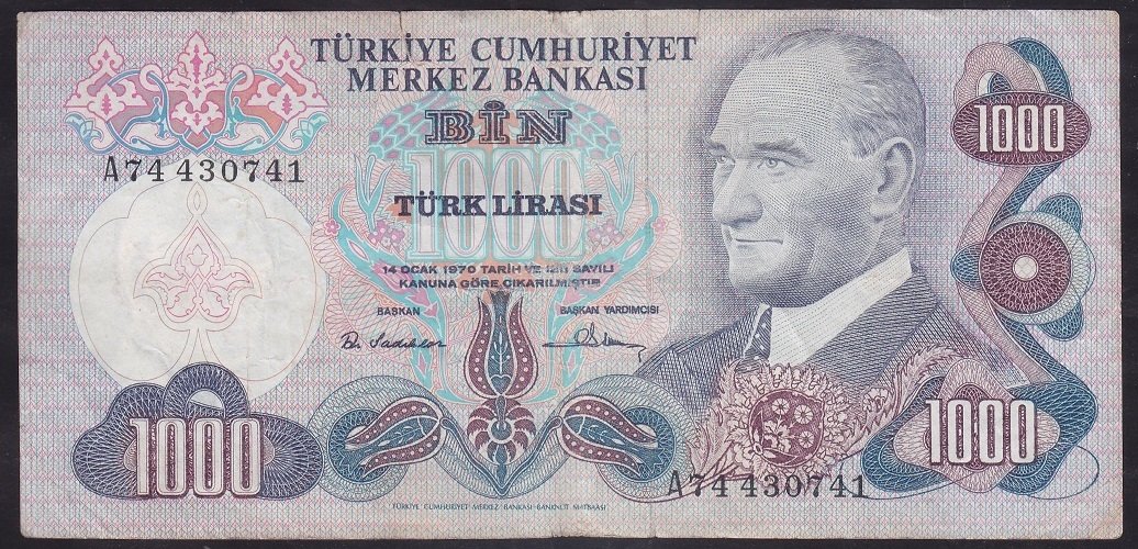 6.EMİSYON 1.TERTİP 1000 LİRA A74 430741 TEMİZ
