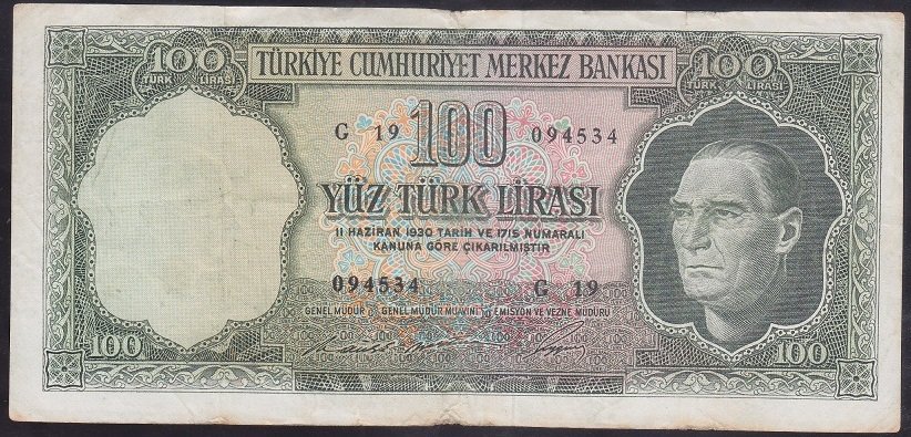 5.EMİSYON 6.TERTİP 100 LİRA G19 094534 ÇOK TEMİZ