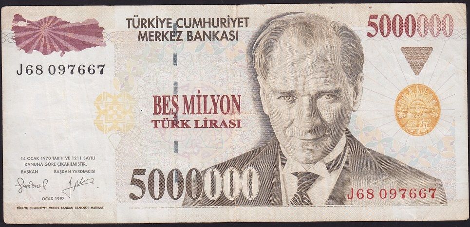 7.Emisyon 5 000 000 Lira J68 097667 Çok Temiz