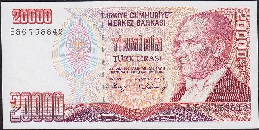 7.Emisyon 1.Tertip 20000 Lira E86 758842 Çilaltı