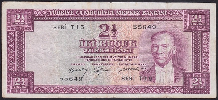 5.EMİSYON 2.TERTİP 2.5 LİRA T15 55649 ÇOK TEMİZ eski para alan yerler