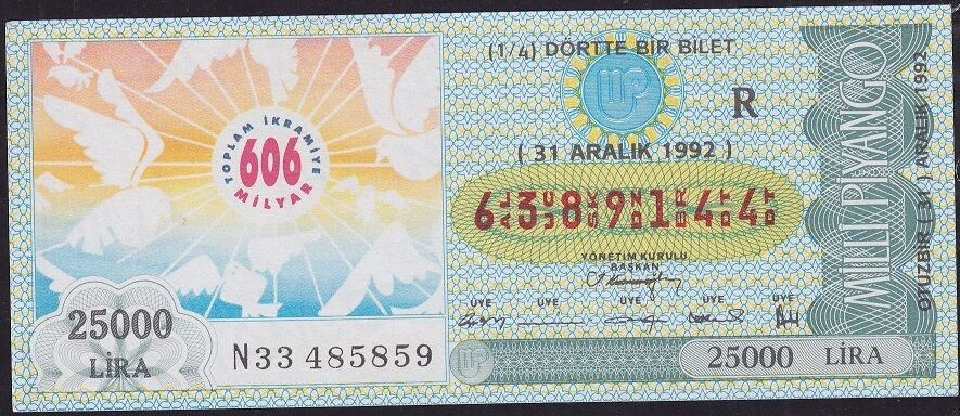 1992 31 Aralık Çeyrek Bilet - R Serisi