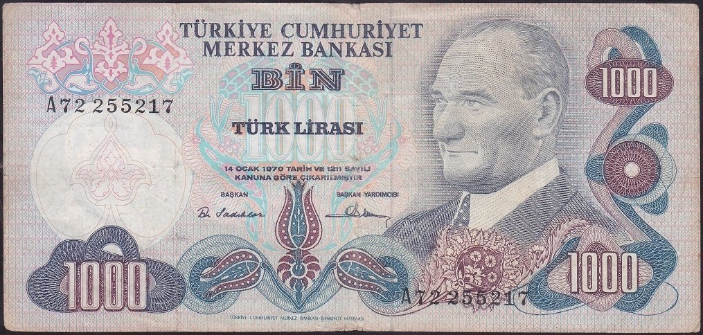 6.EMİSYON 1.TERTİP 1000 LİRA A72 255217 TEMİZ