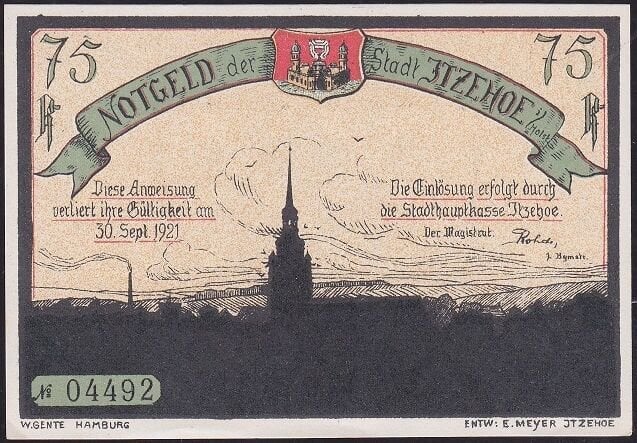 Almanya 75 Pfennig Notgeld 1921 Çil Filigranlı