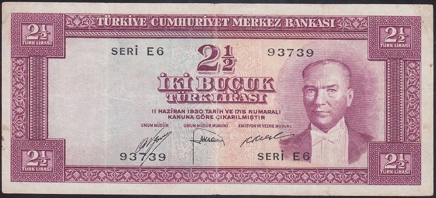 5.EMİSYON 1.TERTİP 2.5 LİRA E6 93739 ÇOK TEMİZ ( KISMİ DÜZELTME VAR ) eski para mezat