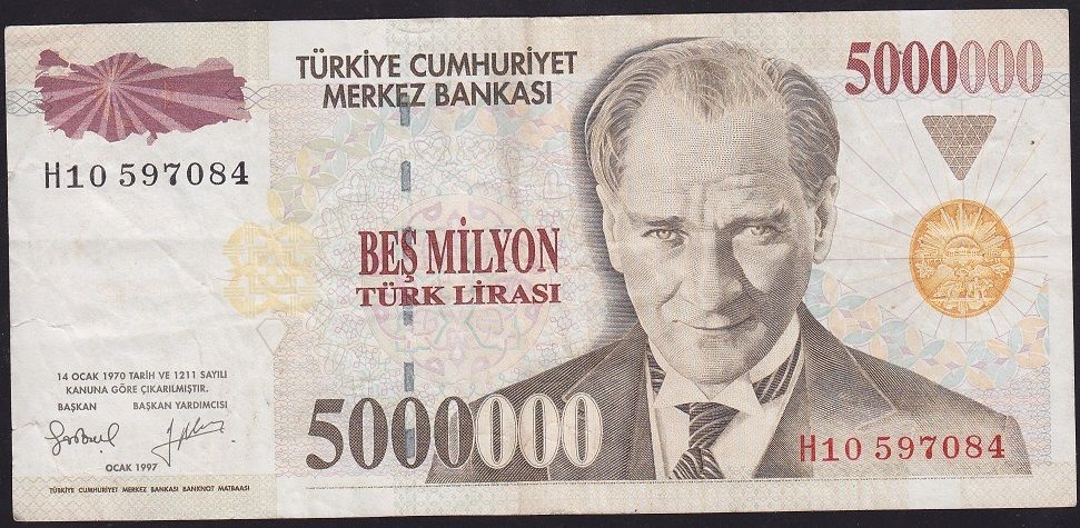 7.Emisyon 5 000 000 Lira H10 597084 Çok Temiz