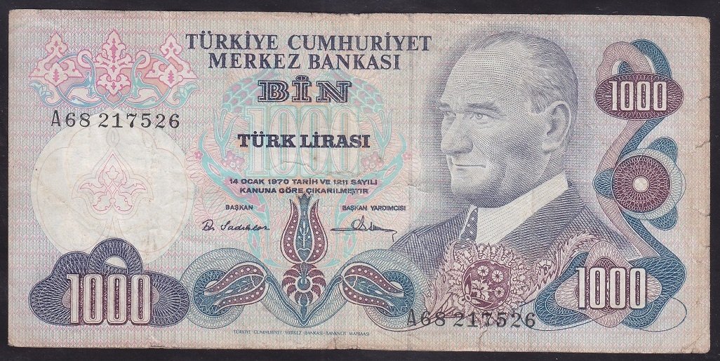 6.EMİSYON 1.TERTİP 1000 LİRA A68 217526 TEMİZ
