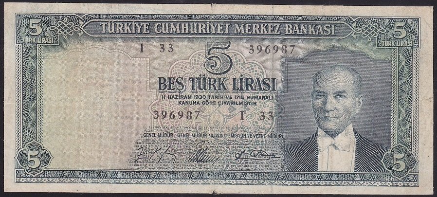 5.EMİSYON 4.TERTİP 5 LİRA I33 396987 İŞLEMLİ HALİYLE