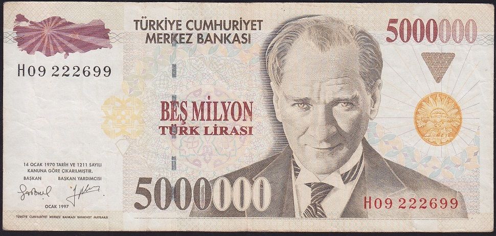 7.Emisyon 5 000 000 Lira H09 222699 Çok Temiz