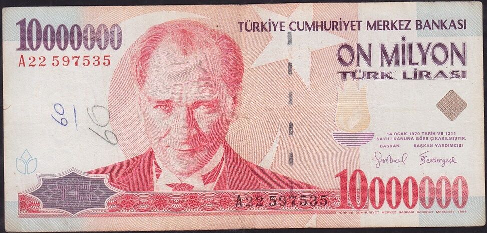 7.Emisyon 10 000 000 Lira A22 597535 Çok Temiz