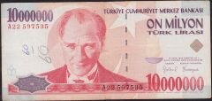 7.Emisyon 10 000 000 Lira A22 597535 Çok Temiz