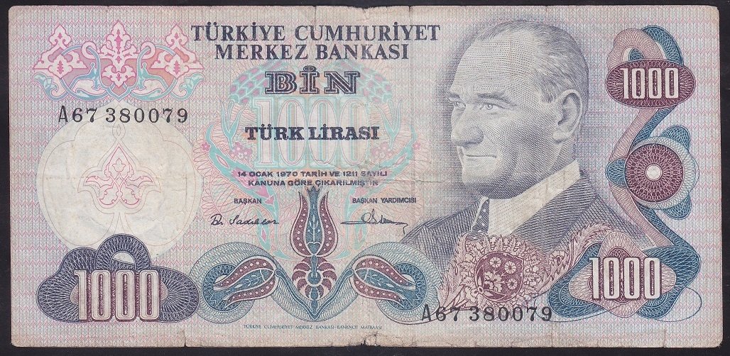 6.EMİSYON 1.TERTİP 1000 LİRA A67 380079 TEMİZ eski para değerleri