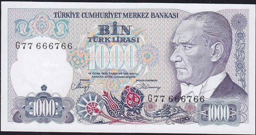 7.Emisyon 2.Tertip 1000 Lira G77 666766 Çilaltı Çil