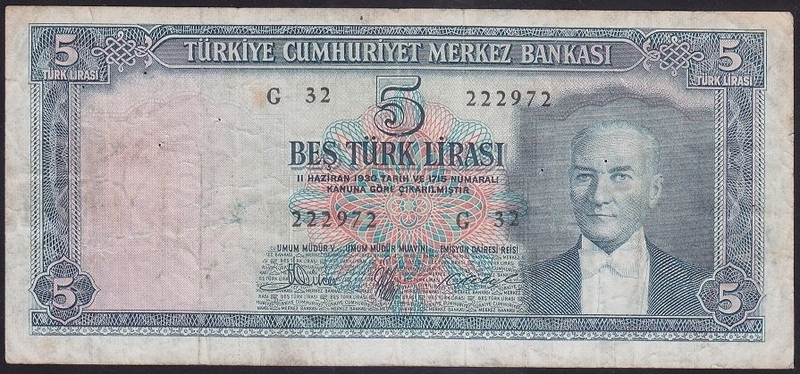 5.EMİSYON 3.TERTİP 5 LİRA G32 222972 ÇOK TEMİZ TOPLU İĞNE DELİKLERİ VAR eski kağıt para değerleri