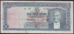 5.EMİSYON 3.TERTİP 5 LİRA G32 222972 ÇOK TEMİZ TOPLU İĞNE DELİKLERİ VAR eski kağıt para değerleri