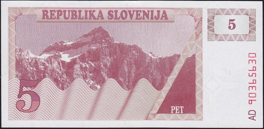 Slovenya 5 Tolarjev 1990 Çilaltı Pick 3a