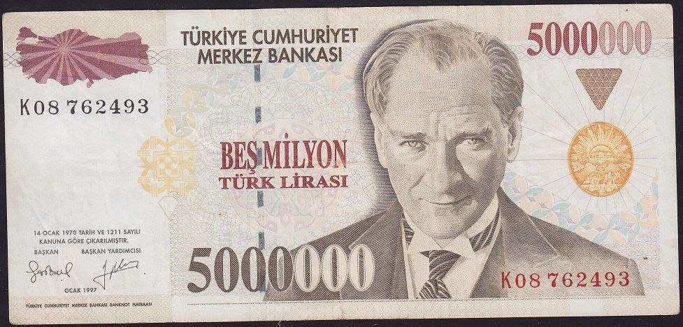 7.Emisyon 5 000 000 Lira K08 762493 Çok Temiz+