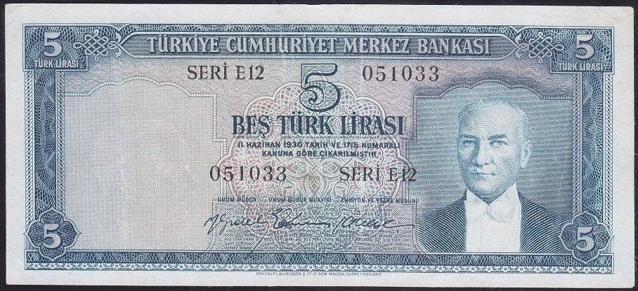 5.EMİSYON 2.TERTİP 5 LİRA E12 051033 ÇOK TEMİZ ( YIKAMA VAR ) eski kağıt para fiyat listesi