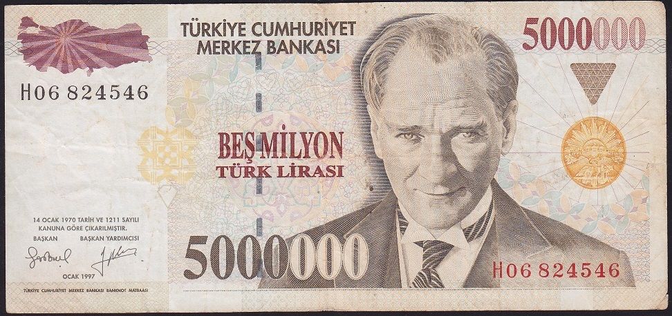 7.Emisyon 5 000 000 Lira H06 824546 Çok Temiz