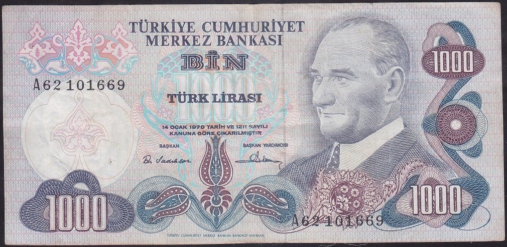 6.EMİSYON 1.TERTİP 1000 LİRA A62 101669 ÇOK TEMİZ