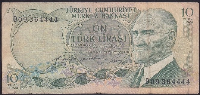 6.EMİSYON 1.TERTİP 10 LİRA D09 364444 TEMİZ