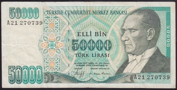 7.EMİSYON 1.TERTİP 50000 LİRA A21 270739 ÇOK TEMİZ