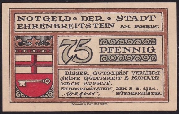 Almanya 75 Pfennig Notgeld 1921 Çil Filigranlı