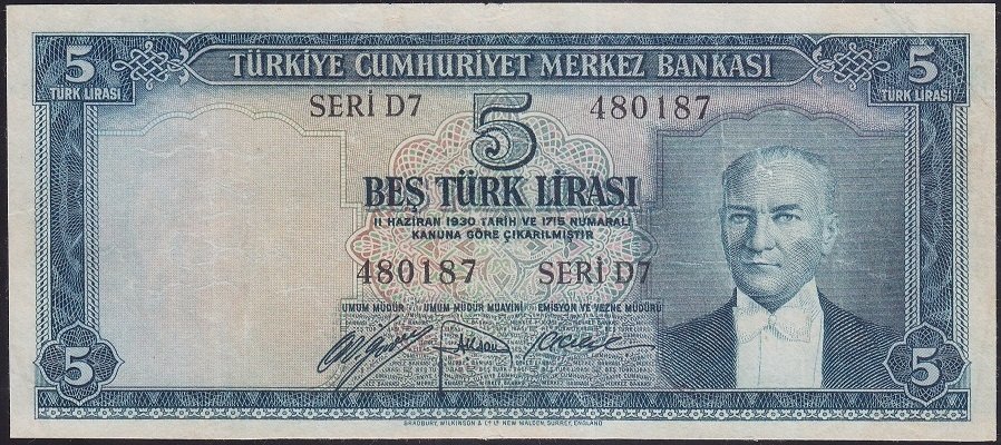 5.EMİSYON 1.TERTİP 5 LİRA D7 480187 ÇOK TEMİZ ( İŞLEMLİ )