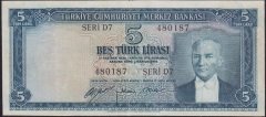 5.EMİSYON 1.TERTİP 5 LİRA D7 480187 ÇOK TEMİZ ( İŞLEMLİ )