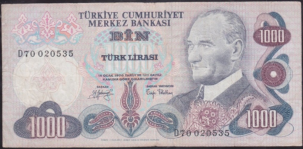 6.Emisyon 2.Tertip 1000 Lira D70 020535 Çok Temiz