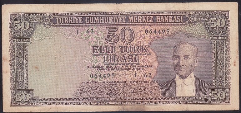 5.EMİSYON 6.TERTİP 50 LİRA I62 064495 ÇOK TEMİZ