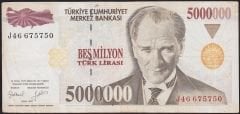 7.Emisyon 5 000 000 Lira J46 675750 Çok Temiz