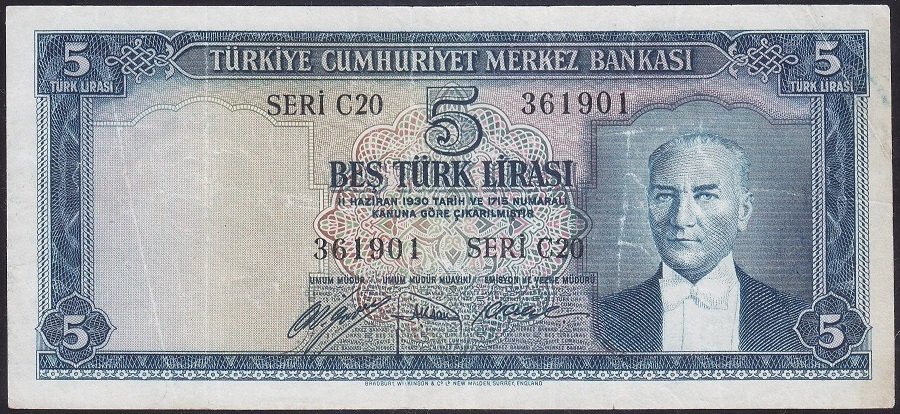 5.EMİSYON 1.TERTİP 5 LİRA C20 361901 ÇOK TEMİZ ( İŞLEMLİ )