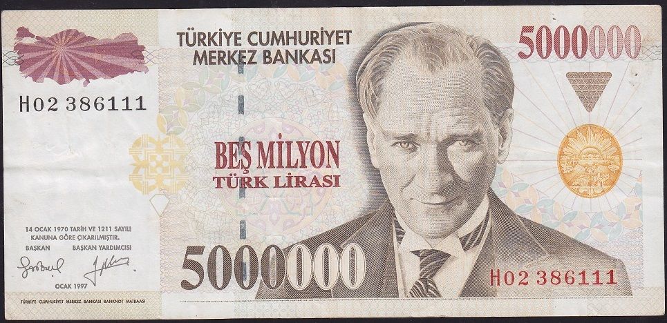 7.Emisyon 5 000 000 Lira H02 386111 Çok Temiz+