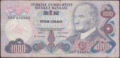 6.EMİSYON 1.TERTİP 1000 LİRA A60 434985 TEMİZ eski kağıt para değerleri